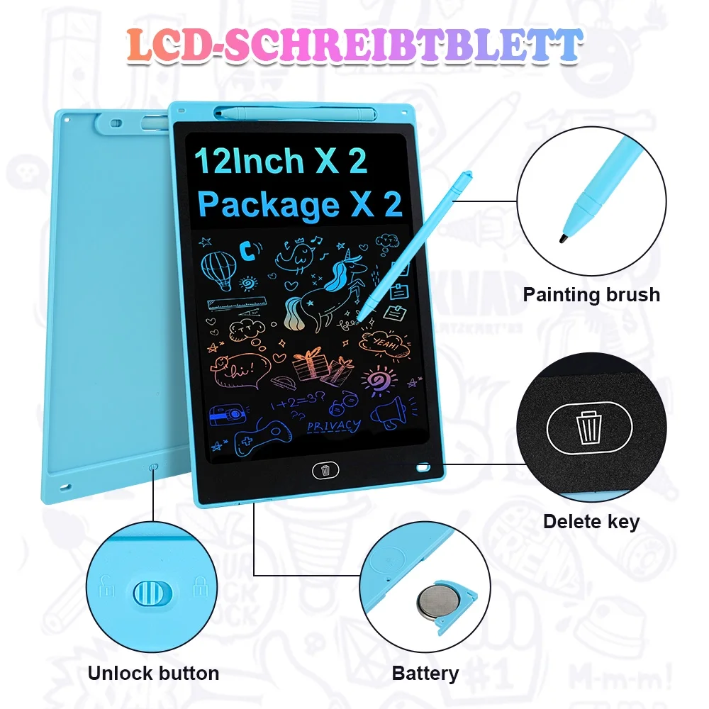 2 Pack LCD Writing Tablet 12in Colorful Toddler Drawing Pad Doodle Board Erasable Electronic Drawing Pad