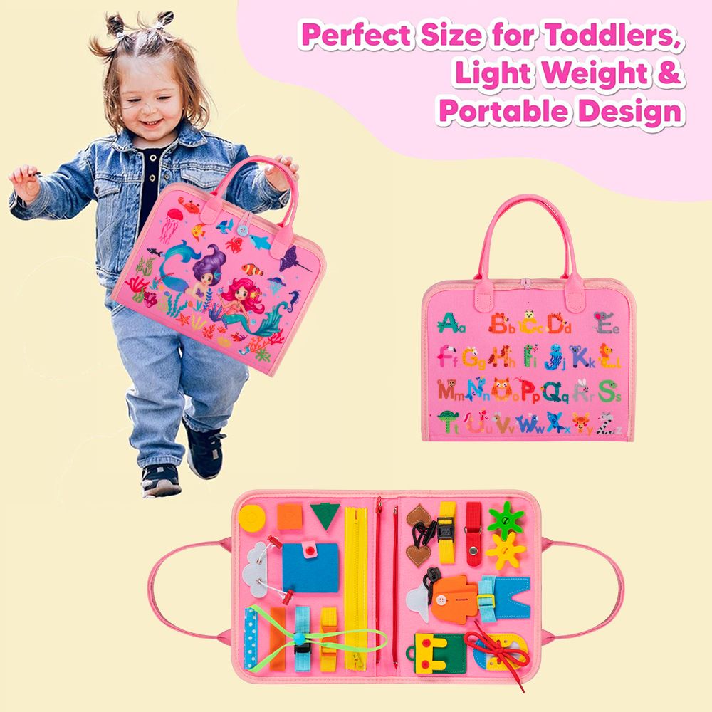 Busy Board 8 in 1 Busy Book Montessori Toys for Toddler Sensory Toys Developing Sensory Board Travel Toys Pink