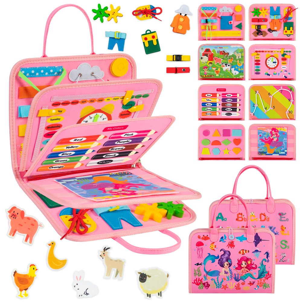 Busy Board 8 in 1 Busy Book Montessori Toys for Toddler Sensory Toys Developing Sensory Board Travel Toys Pink