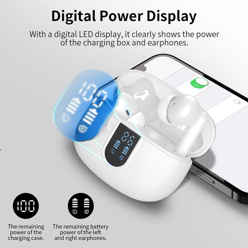 Wireless Earbuds Bluetooth Headphones LED Display Waterproof In-Ear Earphones White