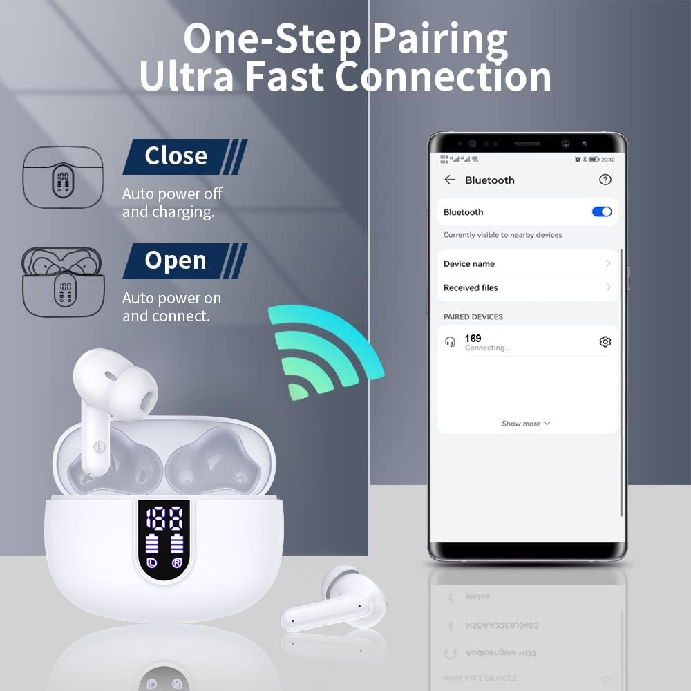 Wireless Earbuds Bluetooth Headphones LED Display Waterproof In-Ear Earphones White