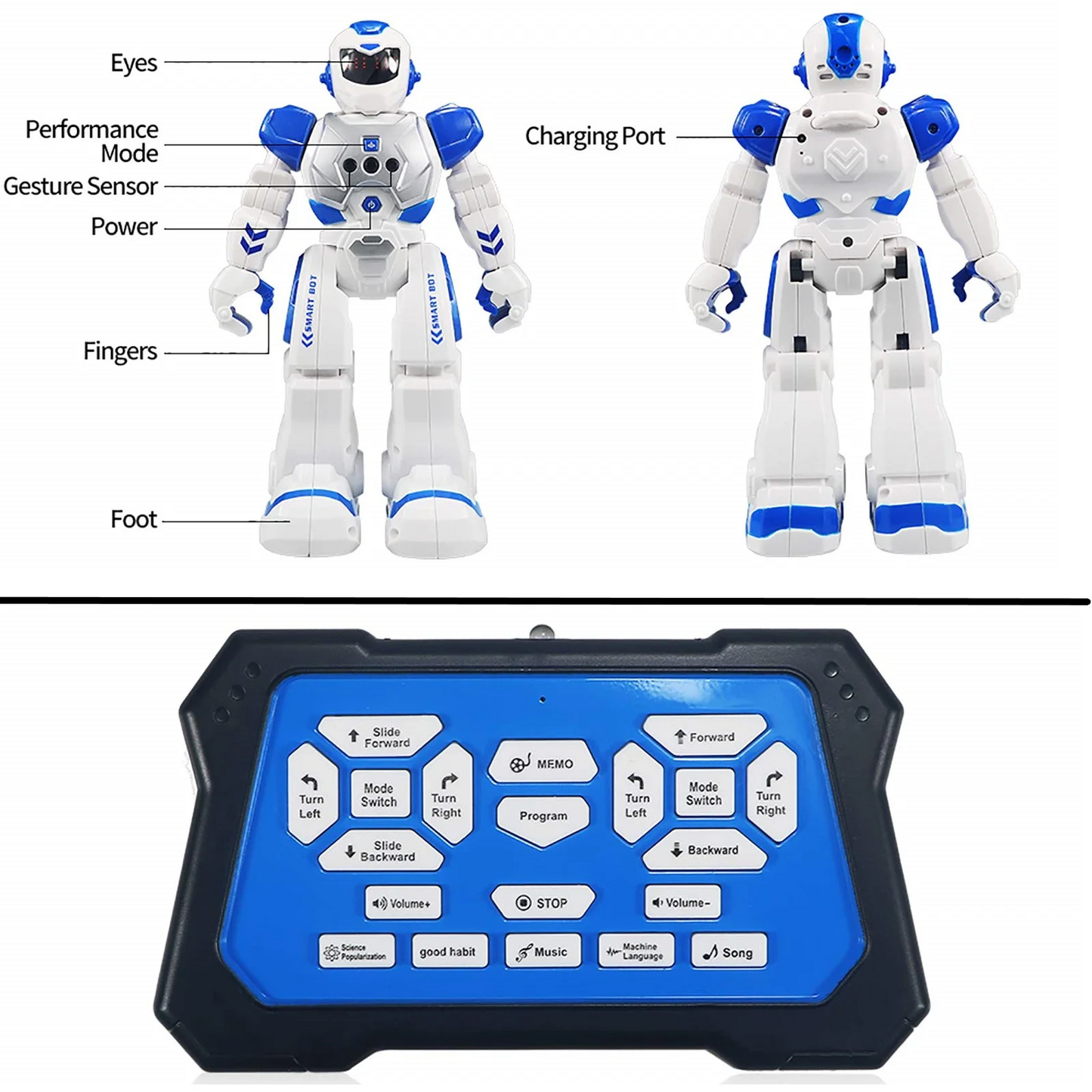 Gesture Sensing Programmable Rechargeable and Singing and Dancing Remote Control Robot for Age 3-8 Year Old Boy Toys Girls Blue