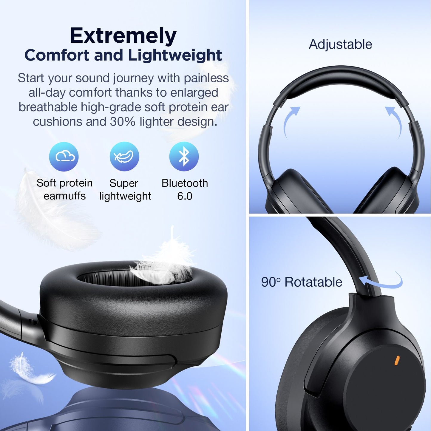 Active Noise Cancelling Wireless Bluetooth Headphones BT6.0 ENC Microphone Stereo Deep Bass Lightweight,Suitable for Travel and Home Use, Black