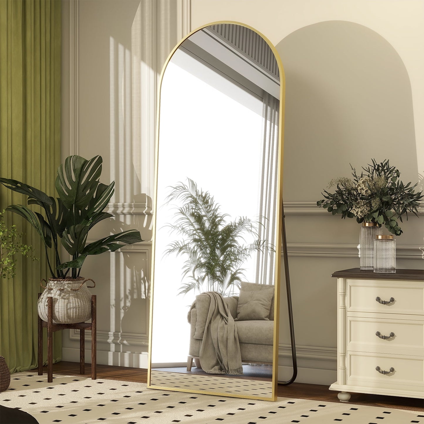 64"x 21" Full Length Mirror Arched Standing Floor Mirror Full Body Mirror, Gold