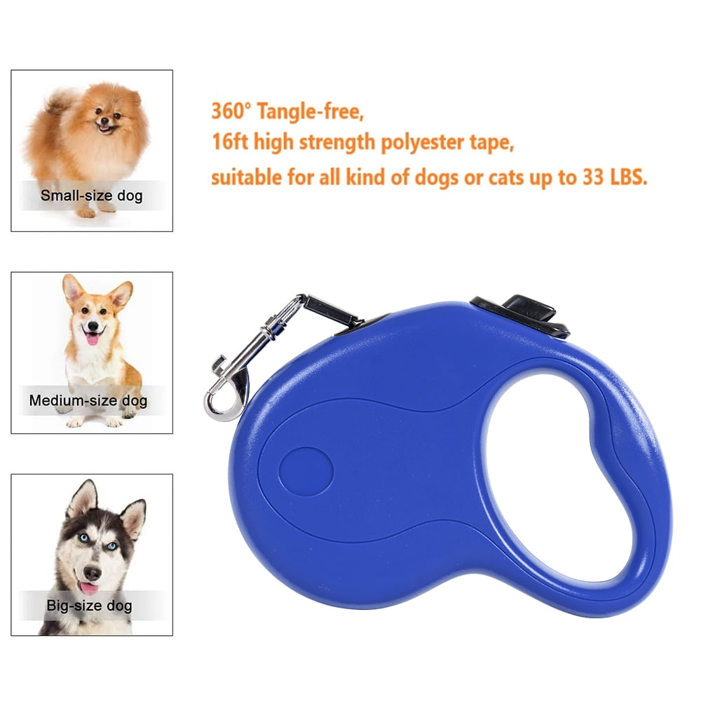 16ft Retractable Dog Leash with Anti-Slip Handle & Hand Brake Heavy Duty Durable Pet Leash Blue