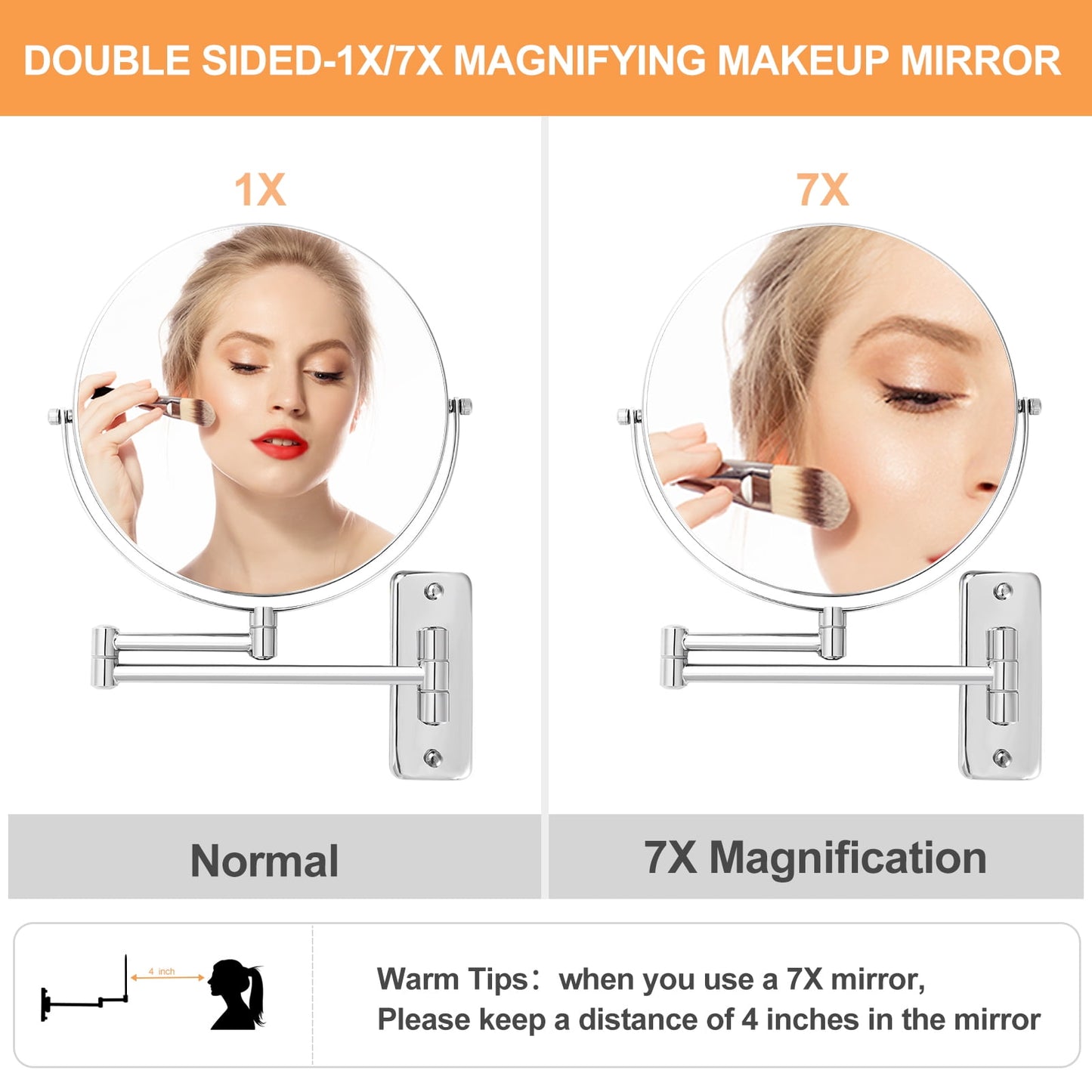 9" Magnifying Wall Mount Makeup Vanity Mirror, 1x/7x Double-Side with Magnification, Swivel Extendable Shaving Mirror for Bathroom, Chrome