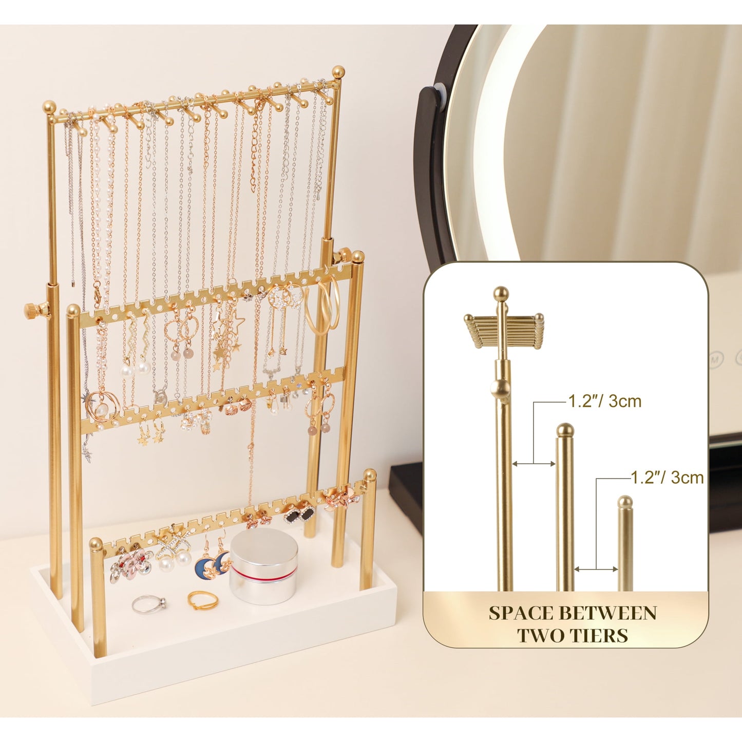 3-Tier Adjustable Earring Necklace Holder Organizer Stand, Gold Jewelry Display Tree with 105 Slots, 10 Double-Sided Hooks, White Tray for Women, Girls