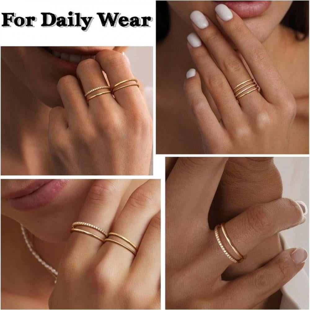 14K Gold Filled 1.3Mm Thin Stackable Rings For Women - Minimalist Non Tarnish Half Cubic Zirconia Band Rings - Dainty Trendy Statement Stacking Rings Set Size 5-10