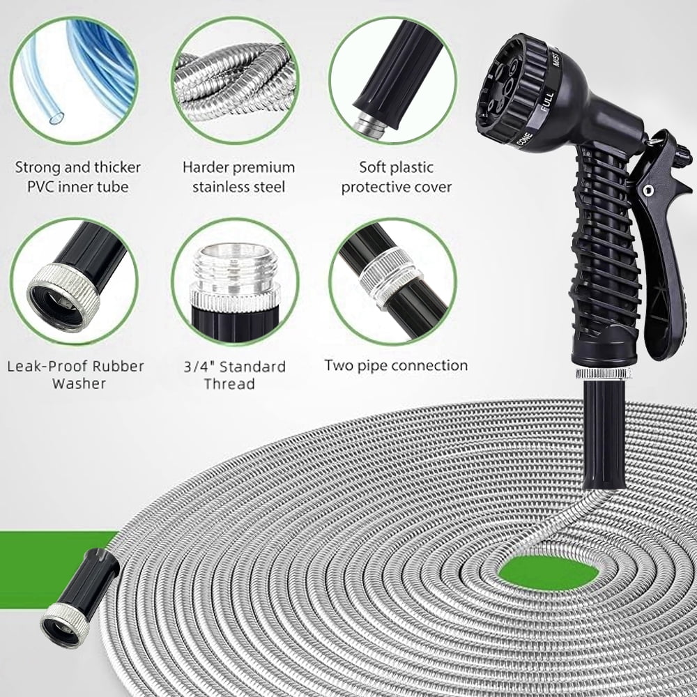 50FT Garden Hose Stainless Steel Heavy Duty Water Hose No-Kink Rust Proof for Yard Outdoor