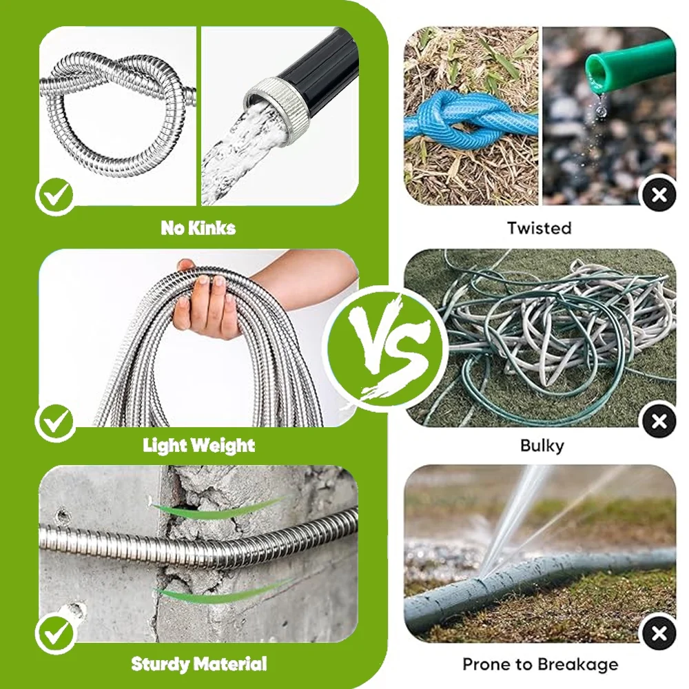 50FT Garden Hose Stainless Steel Heavy Duty Water Hose No-Kink Rust Proof for Yard Outdoor